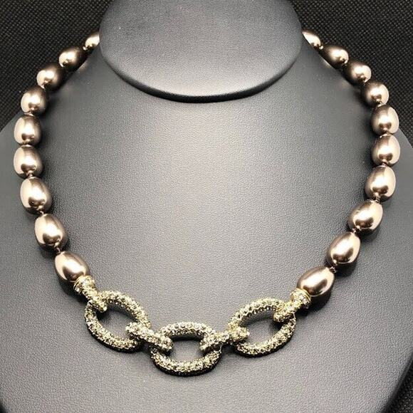 Monet Jewelry - Monet Faux Pearl Necklace Taupe Brown Rhinestone Covered Links Vtg Runway Collar
